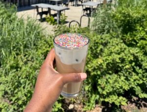 Caboose Commons dot cake latte