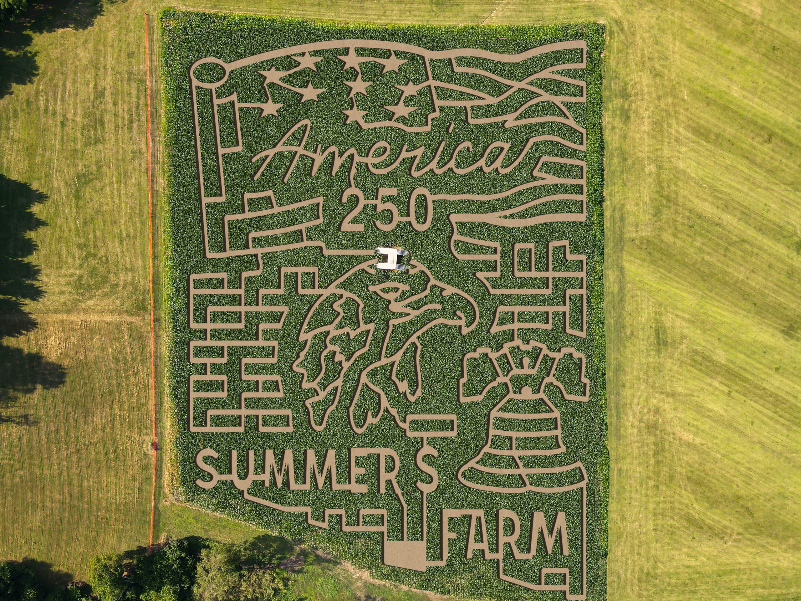 Summers Farm, America 250 corn maze aerial view. Middletown, MD
