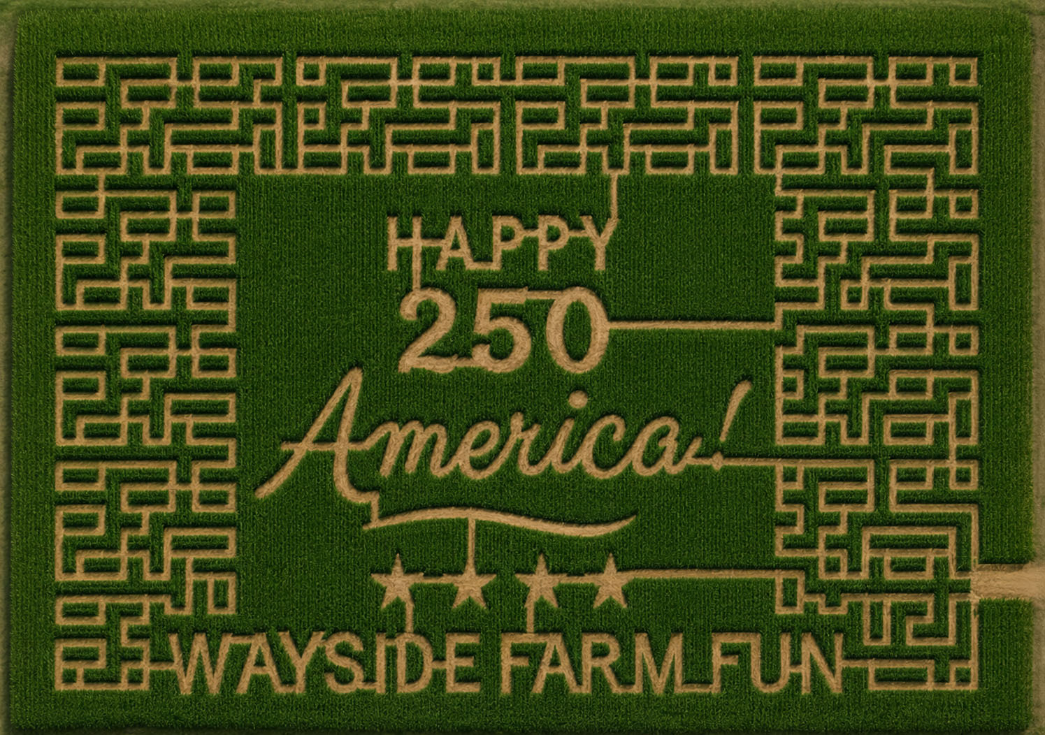 Wayside Farm corn maze says Happy 250 America. Berryville, VA